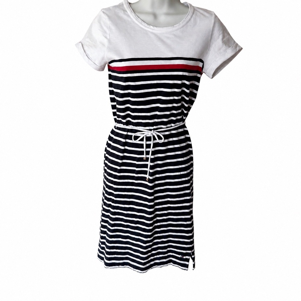 Tommy Hilfiger Womens XXS Striped T-Shirt Dress Navy White Red Drawstring Waist